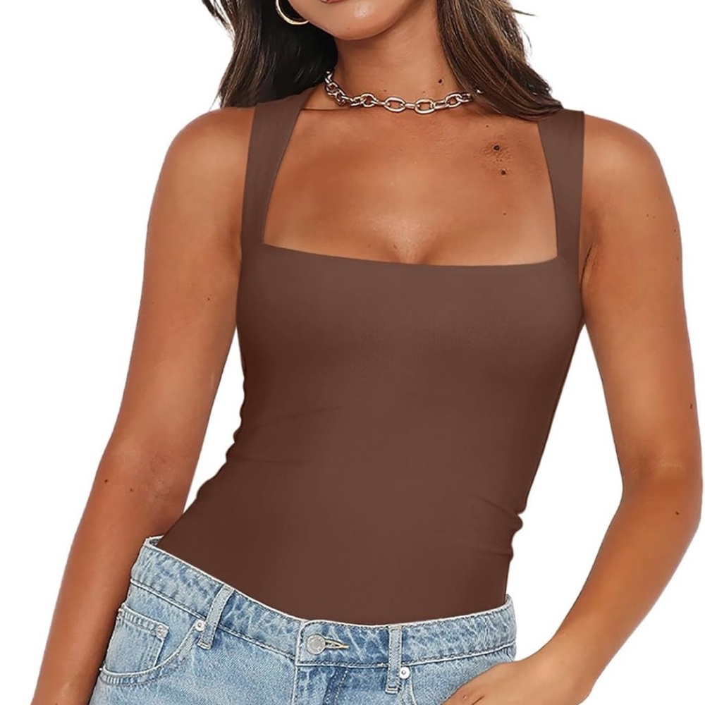 reoria square neck double lined basic bodysuit tank top in coffee